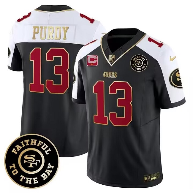 Men's San Francisco 49ers #13 Brock Purdy White balck 2023 F.U.S.E. With 1-Star C Patch and Faithful To The Bay Patch Stitched Football Jersey